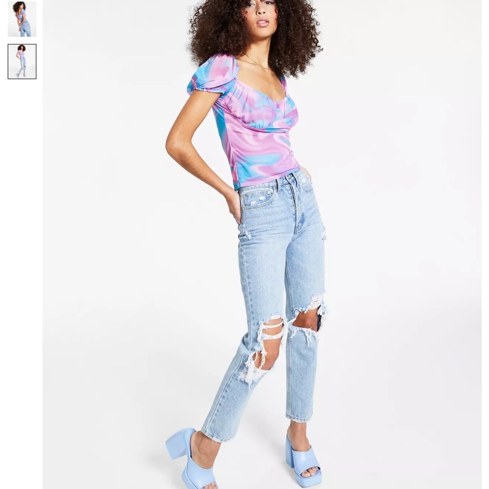 Bar lll Printed Puff-Sleeve Bustier Top